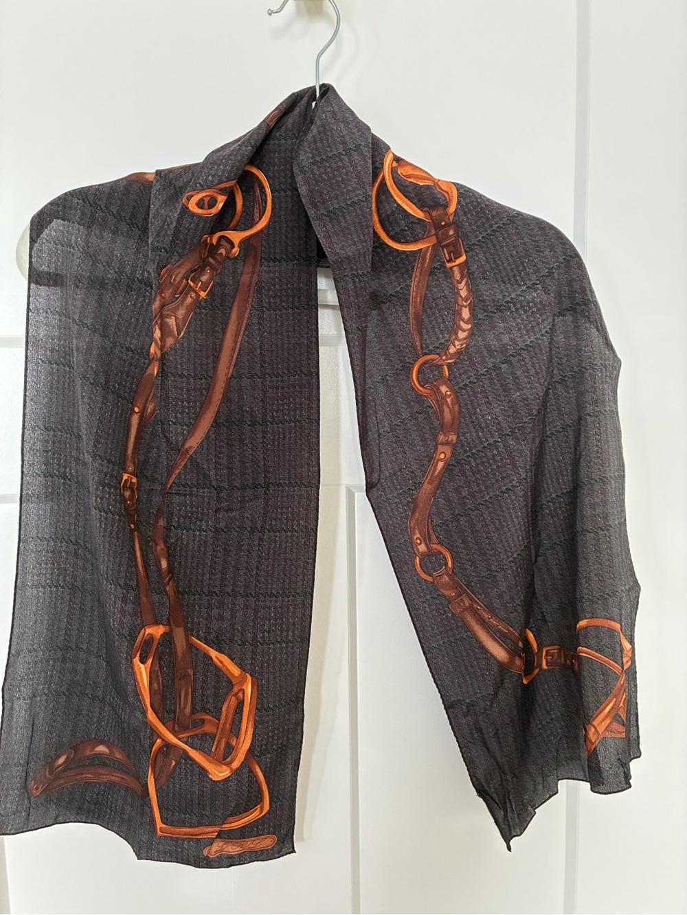 Woman’s Ralph Lauren Black Plaid Heathered Silk Scarf with Gold Bridle Print